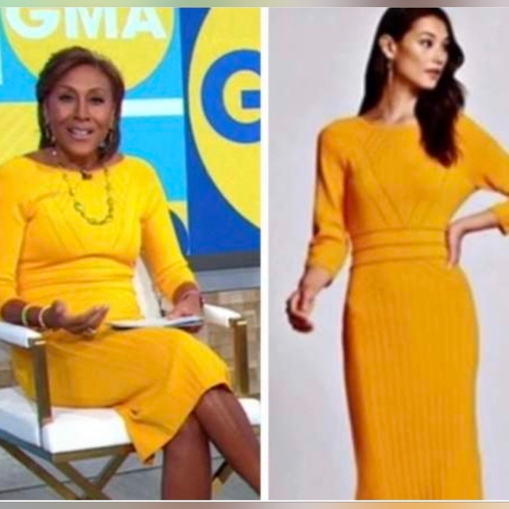 Gabrielle Union New York&Co Mustard-Yellow Midi Sweater Knit Dress,Pullover Sz:S